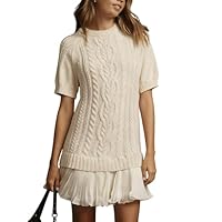 Yidarer Women's Cable Knit Sweater Dress Round Neck Bubble Sleeve Pleated Hem Patchwork Casual Mini Dresses(Beige-S)