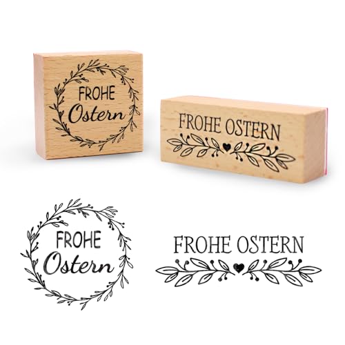 2 Stücke Stempel Frohe Ostern Motivstempel aus Holz, Ostern Stempel Blumenkranz für Scrapbooking OsterKarten Basteln, Geschenkpapier DIY Dekoration
