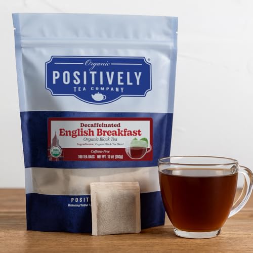 Image of Organic Positively Tea Company, Decaf English Breakfast Black Tea Bags, 100 Count, Eco-Friendly Tea Bags, Non-GMO