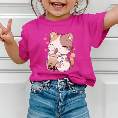 Image of KEEVICI Cute Cat Shirts for Girls Graphic Tees Bubble Tea Tshirt Kids Kawaii Cartoon Animal Print T Shirt Summer Cotton Tops
