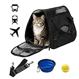 HISPAVIR | Transportin Gato | Transportin Perro Pequeño | Bebedero de Viaje + Pelota | Bolsa de Transporte Transpirable | Plegable y facil de Transportar | Apto para Avion | Color Negro