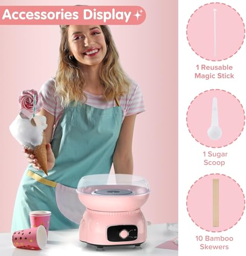 Cotton Candy Machine, Cotton Candy Maker for Kids, Makes Hard Sugar, Sugar Floss, Homemade Sweets for Birthday Parties, Includes 1 Magic Stick, 1 Sugar Scoop, and 10 Bamboo Skewers, Pink