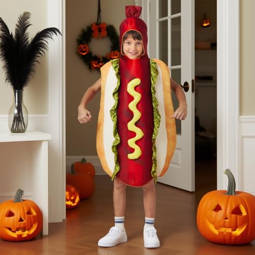 Joyincoser 3D Hotdog Kostüm Kinder Herren Maskottchen Hotdog Einteilig Essen Brötchen mit Würstchen Kostüm Für Halloween Cosplay Karneval