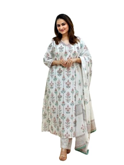 Pinkmint Women's Printed V Neck Kurta And Pant Set With Dupatta (Pack Of 1)