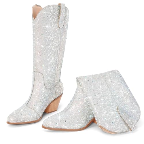 Image of Cowgirl Ankle Boots Cowboy Boots for Women Western Booties Rhinestone Chunky Heel Fashion Comfortable Side Zipper