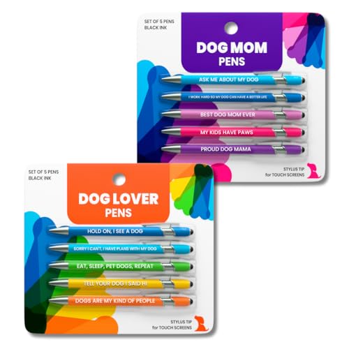 Image of rubyloo Funny Dog Mom & Dog Lover Gift Pen Set - 2 Pack of 5-Pen Sets with Black Ink Stylus Tips & Metal Barrels - Doggy Mom Gift for Women, Friends, Coworkers for Mother's Day or Birthday Present