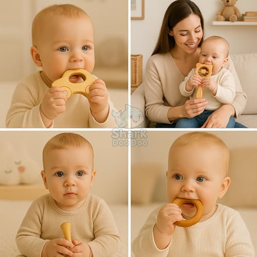 Image of Shark Doo Doo Neem Wood Baby Teether & Rattle Combo (Car, Rattle, Ring & Stick) | Organic & Handcrafted | Chemical-Free, Antibacterial Teething Toy for Babies