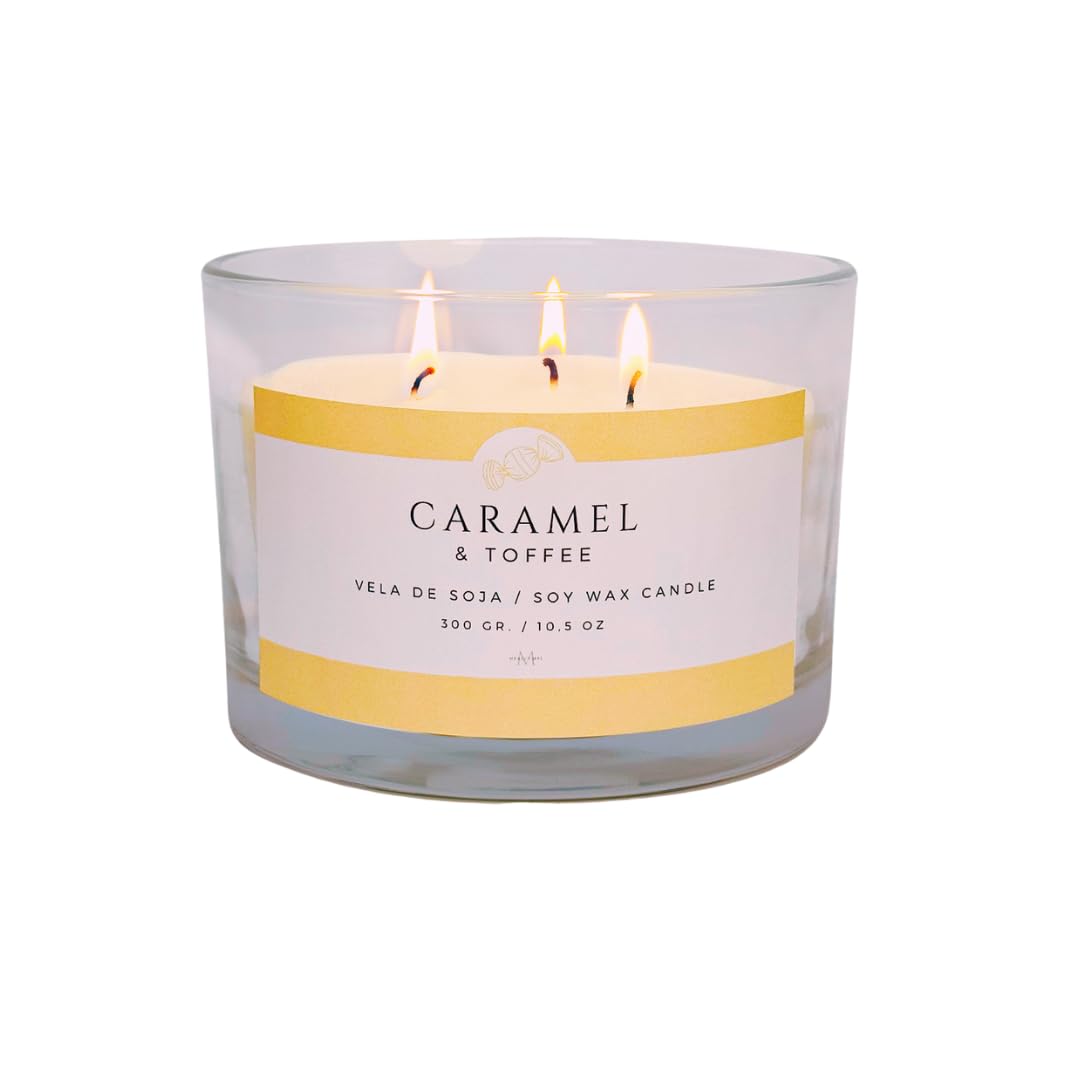 MERECUMBÉ Vela Aromática Grande | Aroma Caramelo | Cera de Soja | Larga Duración | Velas Grandes | Regalo | Ideal Mujer y Decorativa | 300gr | 3 Mechas