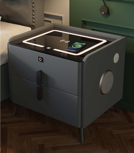 Smart Bedroom Nightstand Smart Bedside Table with Wireless Charging Station, Speaker, Fingerprint Lock, and 2 Drawers for Living Room for Young People ( Color : Dark Grey , Size : 19.7x15.7x18.1in )