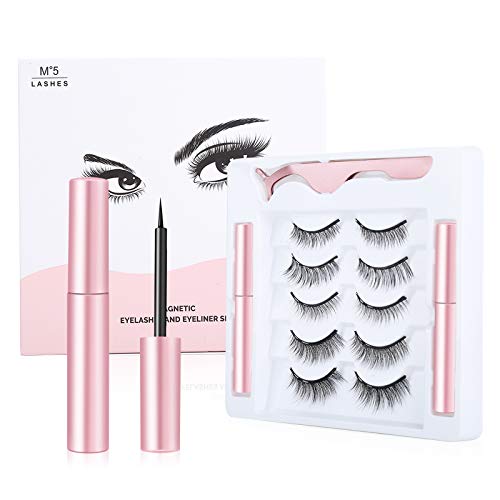 Magnetic Eyelashes and 2 Tubes of Magnetic Eyeliner Kit, 5 Pairs Reusable Natural Look Magnetic Eyeliner and Lashes，Upgraded 3D Magnetic Eyelashes Kit With Tweezer- - No Glue Needed
