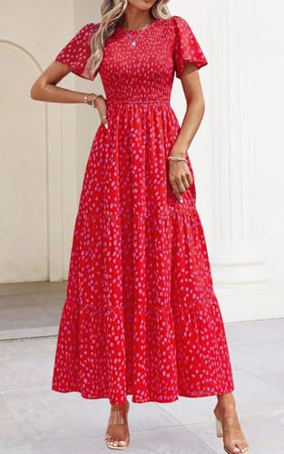 Image of PRETTYGARDEN Women's 2026 Summer Casual Flutter Short Sleeve Boho Floral Maxi Dress Crew Neck Smocked Tiered Long Dresses