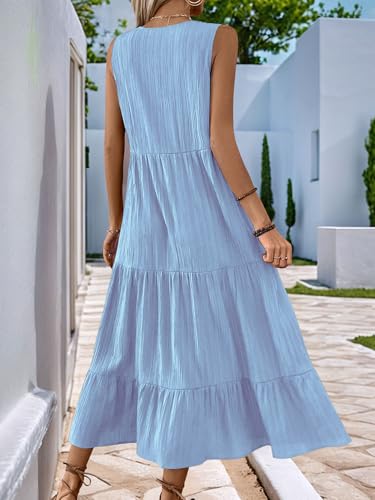 Image of HELYO Women's Casual Summer Dress 2026 Sleeveless V Neck Button Beach Sundress Tiered Ruffle Flows Skirt Midi Dresses