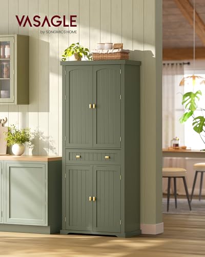 Image of VASAGLE Pantry Cabinet, 15.7 x 30 x 71.7 Inches, Freestanding Tall Cupboard Storage Cabinet with a Drawer, 2 Cabinets, 6 Adjustable Shelves, for Living Room, Kitchen, Forest Green UBBK561C01