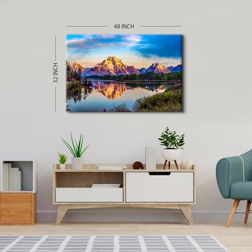 Image of Large Nature Pictures USA Oxbow Bend Landscape Wall Art Sunset Mountain Wall Decor National Park Painting Snake Lake Canvas Prints Modern Country Landscape Artwork for Living Room Decorations 32x48 inch