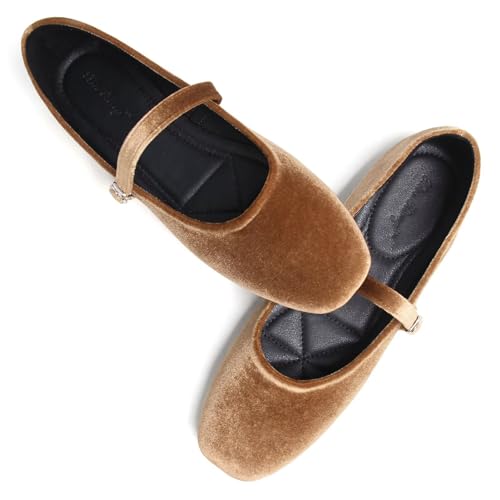 WENJIAZHIZHI Suede Mary Jane Flats Square Toe Buckle Brown 9.5