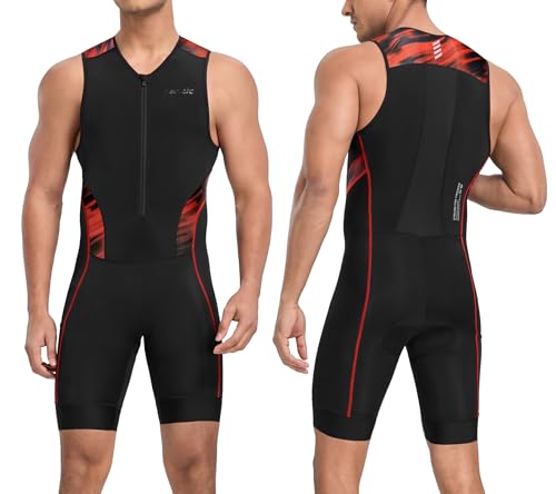 Santic Traje de triatlón para hombre acolchado de una pieza sin mangas Pro Triatlón Racing Trisuit de manga corta Ciclismo Traje para Ciclismo Natación Correr, rojo, XL