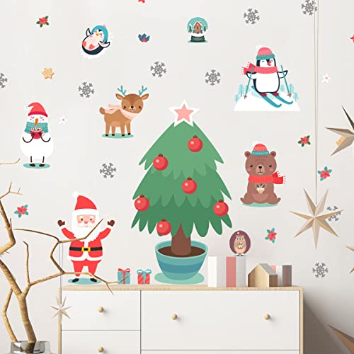 Pegatinas de pared de Papá Noel y animales escandinavos - Pegatinas de temporada de Navidad para niños - Pegatinas de pared para salón y dormitorio 90 cm x 60 cm Cover