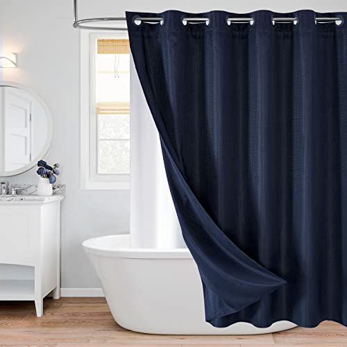 Mitovilla No Hooks Required Navy Blue Waffle Shower Curtain Set With Snap-In Liner, Modern Heavyweight Fabric Shower Curtain For Hotel Grade Spa-Like Bathroom Decor, 72 X 74 #TOP6