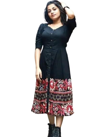 Women’s Black Printed A-Line Midi Dress Black Casual Maxi Dress Designed with a Button-Down Front Perfect for Casual and Everyday wear for Girls