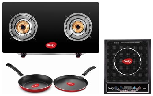 Pigeon by Stovekraft 2 Burner Glass Cook Top Gas Stove (Manual Ignition), Cookware Combo (Black, 240mm, 250mm, 14722) & Pigeon by Stovekraft Cruise 1800 watt Induction Cooktop (Black)