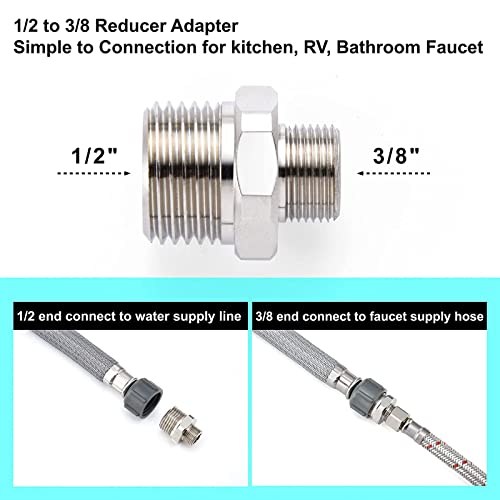 2 PackCompression Brass Pipe Fitting,1/2 to 3/8 Reducer Faucet Adapter,3/8 Male to 1/2 Male Supply Line Adapter for RV Kitchen Plumbing, Water Hose Pipe Connector with Rubber Washer - Thumbnail 4
