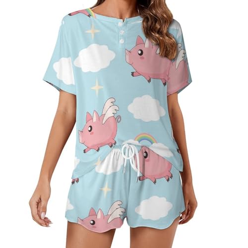 Pyjama pour femme Cochon Volant ensemble short et manches courtes pour l'été