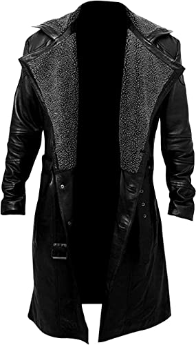 Image of Men's Trench Coat - German Military Black WW2 Belted Genuine Leather long Winter Jacket Overcoat men With Sherpa Fur Collar