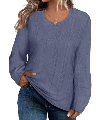 Image of CARCOS Womens Plus Size Tops Basic Fall Cable Knit Sweaters Long Sleeve Shirts Crewneck Lightweight Tunic Tops XL-5XL
