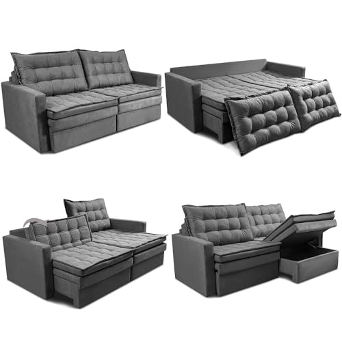 Sofá Sem Caixa Retrátil Baú 1,80m Cama Inbox Secret Suede Velusoft Cinza