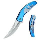 Carimee Tactical Folding Knife with upswept 440C High Carbon Stainless Steel Blade, Blue Aluminum Handle, with Deep Carry Pocket Clip, Outdoor EDC Knife for Camping, Hiking, Fishing