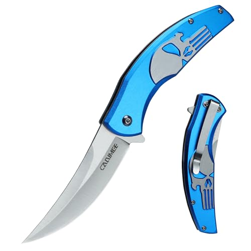 Carimee Tactical Folding Knife with upswept 440C High Carbon Stainless Steel Blade, Blue Aluminum Handle, with Deep Carry Pocket Clip, Outdoor EDC Knife for Camping, Hiking, Fishing