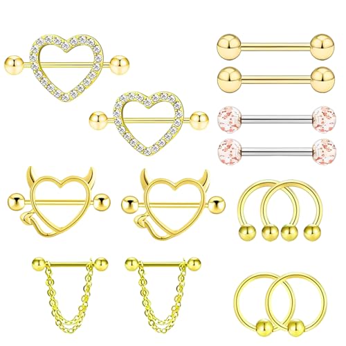 KSJEHW 14 Stücks 14G Nippelpiercing Chirurgenstahl für Damen Brustwarzenpiercing Zungenpiercing Edelstahl Nippel Piercing Schmetterling Herz Barbell Piercing Körperschmuck Set für Frauen Mädchen Gold