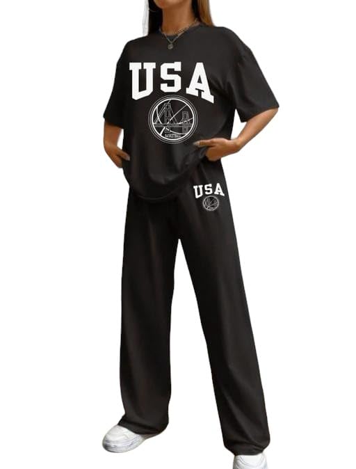 Image of My Swag USA Graphic Print Cotton Loungewear Set, T-Shirt and Pants, Casual Comfort Wear