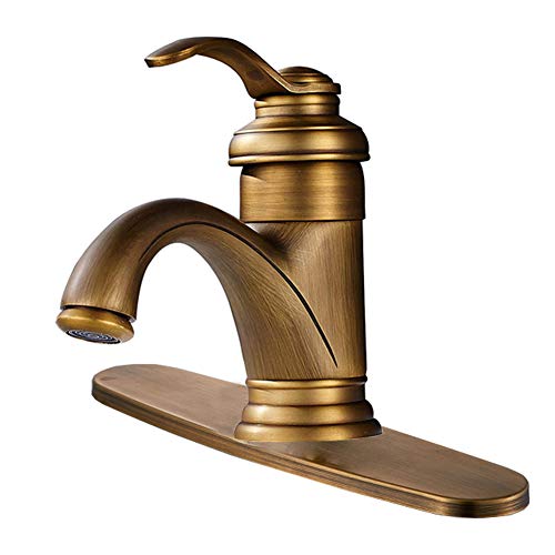 Black Friday 🔥 Votamuta Antique Brass Deck Mount Bathroom Basin Sink Faucet Single Handle Hot Cold Water Lavatory Mixer Tap with Cover Plate