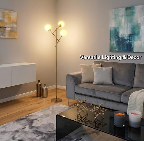 Image of Fiqevs 3 Globe Floor Lamp for Living Room, Swing Arms Standing Tree Lamp | 3000K Warm Light, 3 LED Bulbs Included, Adjustable Orb Glass Shade Mid Modern Lamp for Bedroom /Office, Antique Brass /Gold
