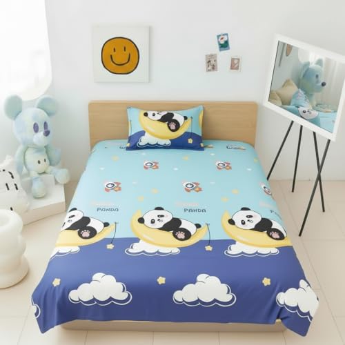 Image of Filymore Kids Single Bedsheet with Pillow Cover - Cloud Panda Theme, 240 TC Soft Microfiber Bed Sheet for Single Bed (90x60 Inches), Breathable & Skin-Friendly Kids Bedding Set, Sky Blue & Purple