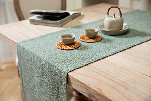 Image of ZeeMart Burlap Style Farmhouse Table Runners 48 Inches Long, Green Rustic Woven Dining Table Runner for Everyday Use, 14x48 Inches, Mineral Green
