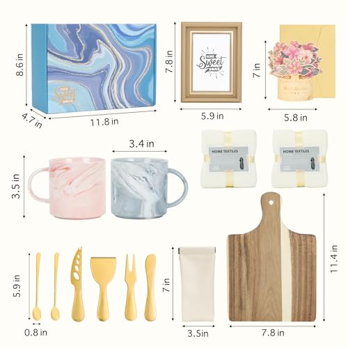 15Pcs Luxury Housewarming Gift Basket, Complete Welcome New Home Gift Set Acacia Cutting Board, Marble Mugs, Gold Cheese Knives, Photo Frame, 3D Card, Unique Closing Gift for Couple First Apartment - Image 4