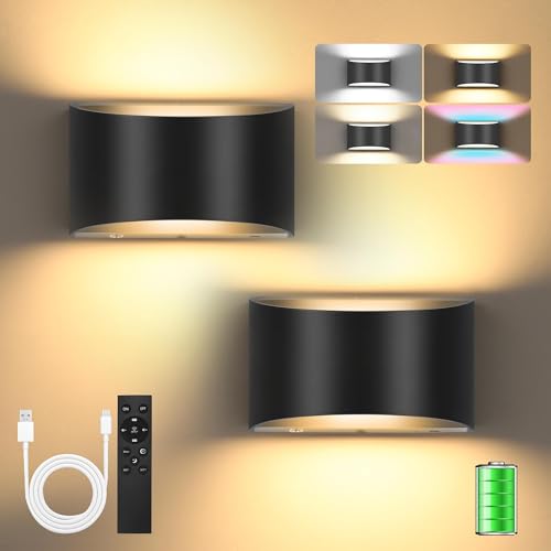 Image of TRLIFE Rechargeable Battery Operated Wall Sconces, Remote Control&Touch Control LED Wall Sconce 3000K /4000K /6000K Rechargeable Wall Lights Wall Mounted Light for Bedroom Living Room Hallway(Black,2P)