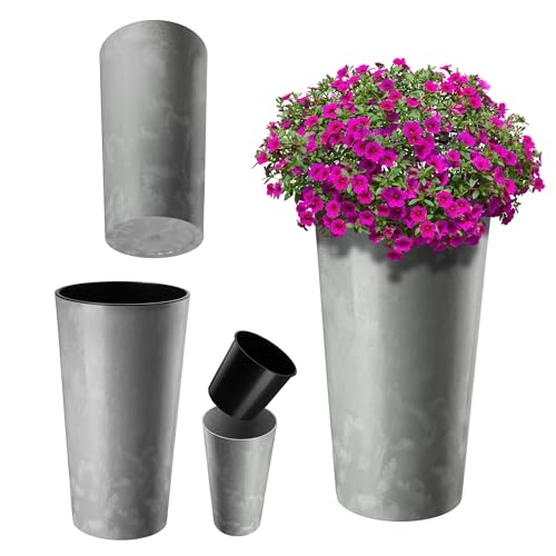 KADAX Pflanzkübel mit Innentopf Grau Ø 25.5 cm, Höhe 47 cm – Moderner Pflanztopf mit Einsatz, Blumentopf aus robuster Kunststoff für Innen- und Außenbereich, ideal für Wohnzimmer, Balkon, Büro