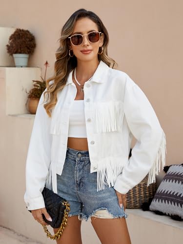 Women Fringe Cropped Trucker Jean Jacket Distressed Western Cowgirl Shacket Coat3