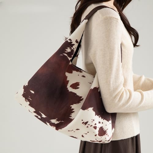 Bolso Hobo Grande de Gamuza Café con Estampado de Vaca miniatura 2