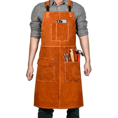 LeaSeek Schweißerschürze aus Leder– hitzebeständig und schwer entflammbare Latzschürze, schwer...