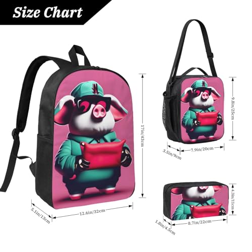 piggy print Backpack Bookbag for Daily Use,3 Pcs Backpack Set with Lunch Box and Pencil Case4