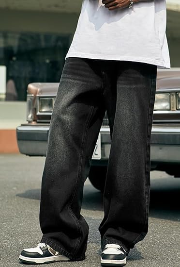 Image of HUNGSON Mens Baggy Jeans for Men Women Y2k Skater Vintage Plain Pants Casual Wide Leg Jeans Loose Fit Denim Jeans