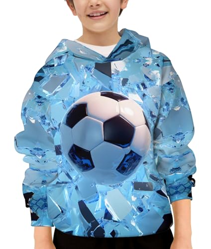 HaniLav 3D Print Hoodies for Teen Boys Girls Kids Graphic Printed Sweatshirt Pullover with Pocket, Blue Soccer Ball, 9-10 Years