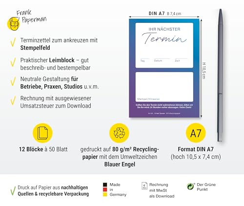 Frank Paperman® | 600 Terminzettel Praxis | 12 x Terminblock à 50 Blatt | blau | 1 Termine pro Zettel | für Ärzte, Heilpraktiker, Physio, Massage, Studios u.v.m.