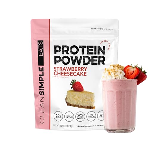 Clean Simple Eats Whey Isolate Protein Powder Strawberry Cheesecake Naturally Sweetened Zero Added Sugar 20g 100% Grass Fed Protein Powder with Digestive Enzymes Gluten Free Non GMO 30 Servings