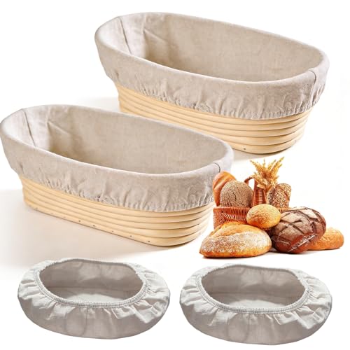 BAIFULAI Lot de 2 paniers de fermentation ovales - Diamètre : 25 cm - Avec insert en lin - Panier de fermentation ovale - Accessoire de cuisson pour pain et pâte à pain