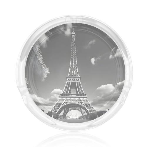 Posacenere rotondo in vetro trasparente con stampa Torre Eiffel Parigi e nuvole – Posacenere decorativo per casa, ufficio, patio e uso interno